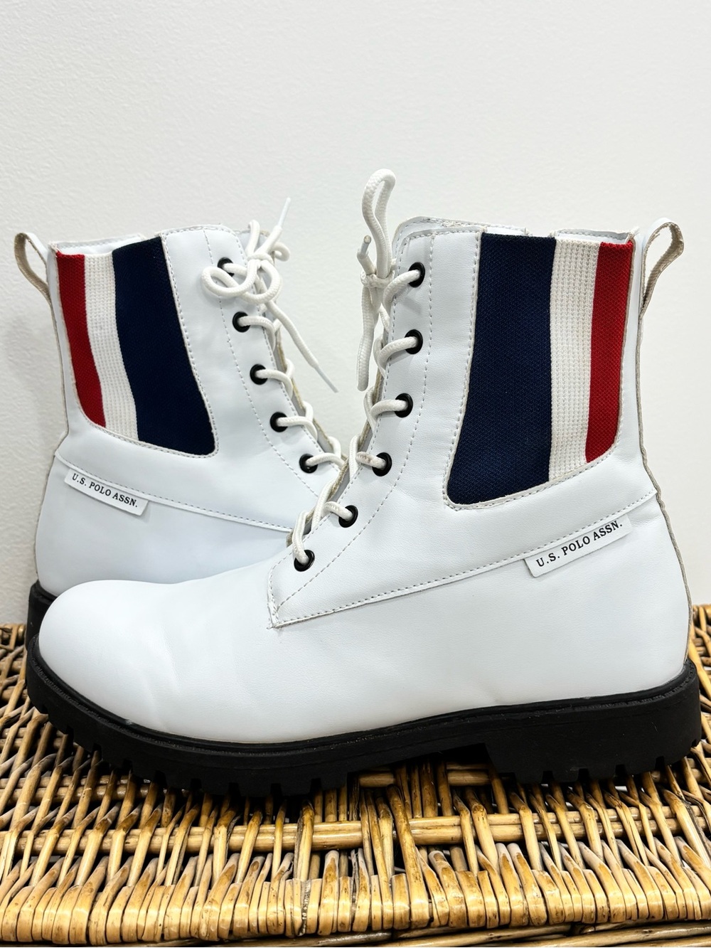 U.S. Polo Assn. White Lace Up Combat Boots Red Blue Striped Panel Sz 11